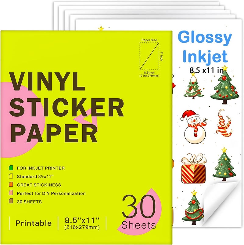 Ruibytree Printable Vinyl Sticker Paper for Inkjet Printer - 30 Sheets Glossy White - 8.5" x 11" - Waterproof Labels Paper, Dries Quickly,Vivid Colors,Tear Resistant,DIY Sticker - Image 1